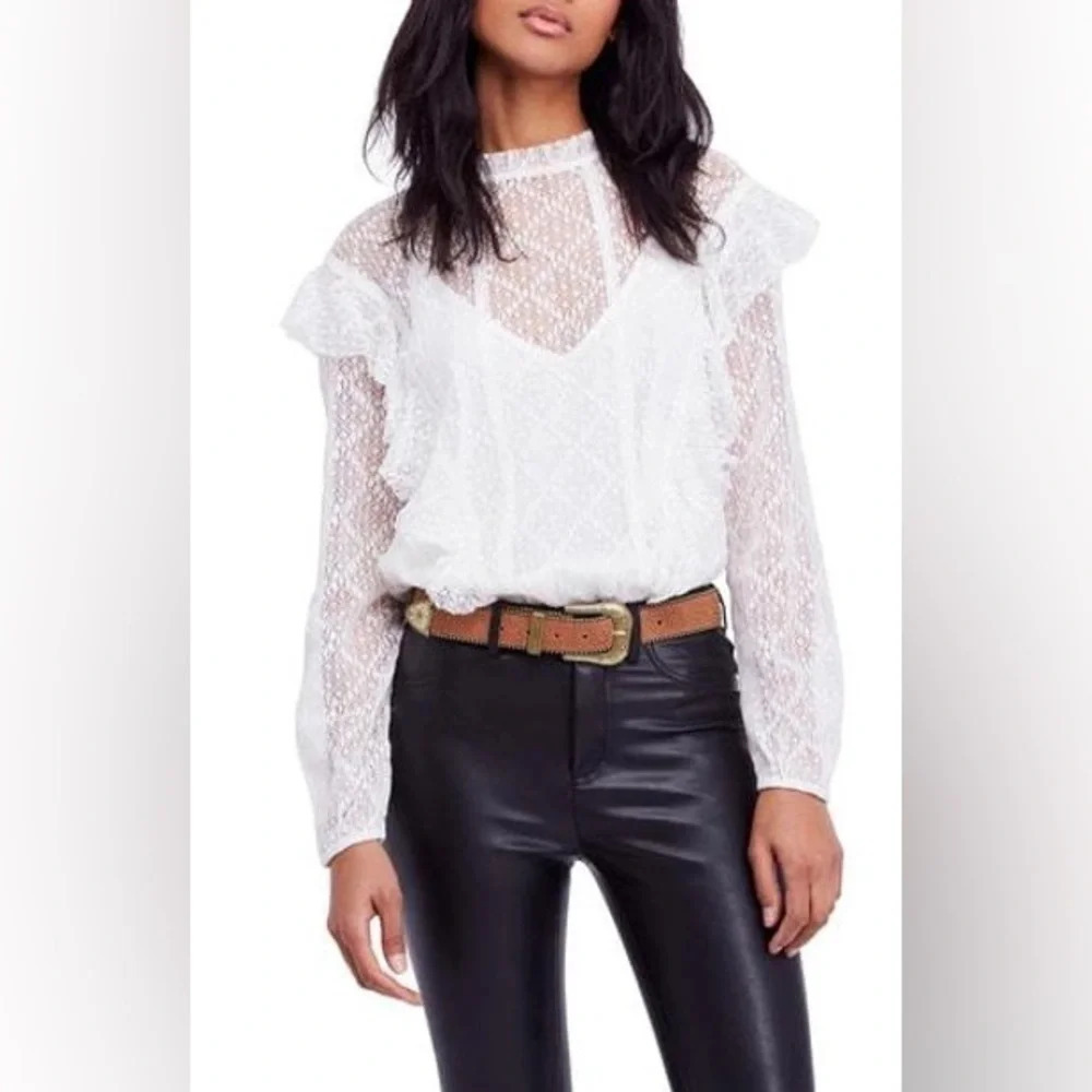 Free People Intimately Goldie White Ivory Ruffle Lace Bodysuit Tank Top